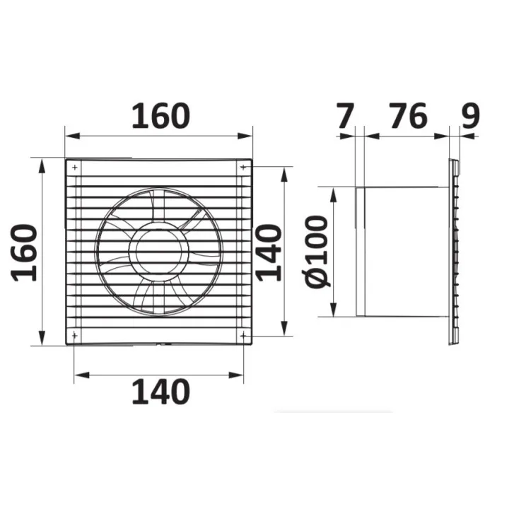 Najugodnejši kopalniški ventilator z loputo in mušjo mrežo fi 100 mm