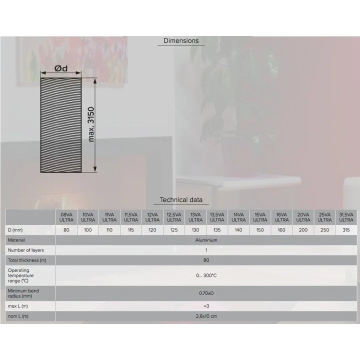 16VA ULTRA, Aluminijasti fleksibilni valoviti zračni kanal, D do 3,1 m, premer 160 mm 