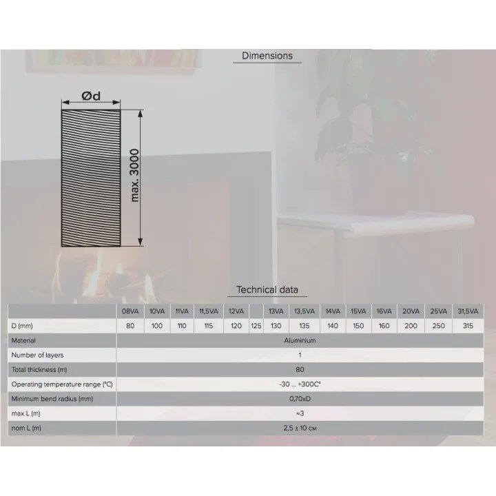 10VA, Aluminijasti fleksibilni valoviti zračni kanal, D do 3 m, premer 100 mm 