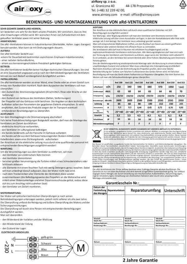 aRd Ventilator – Navodila in garancijski list (DE)