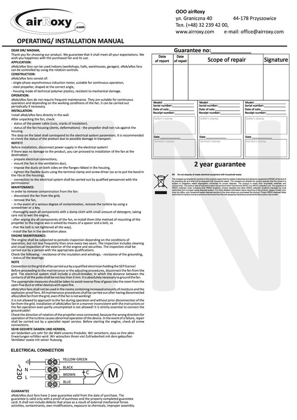 aRos/aRok Ventilator – Navodila in garancijski list (EN)