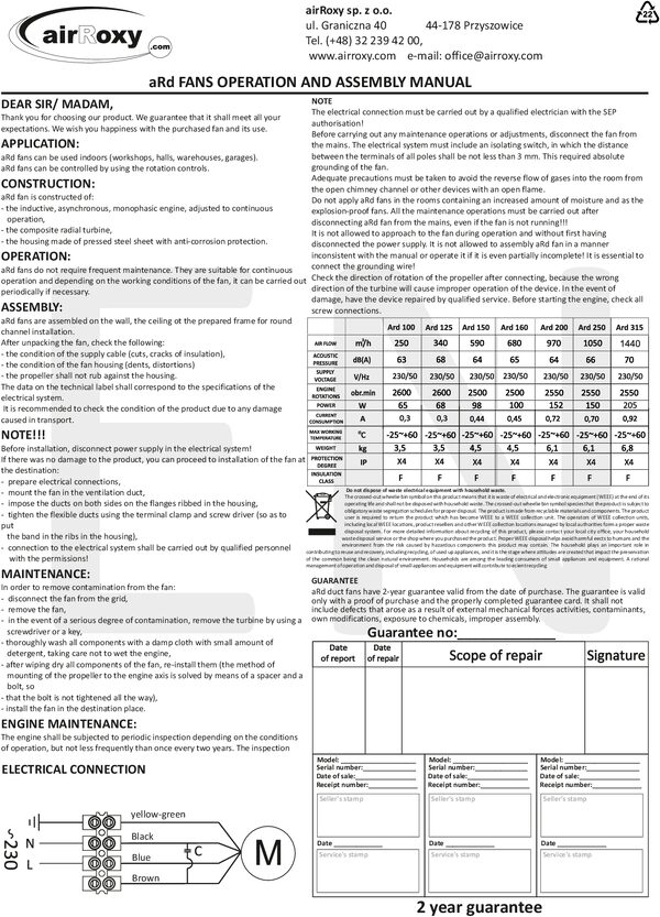aRd Ventilator – Navodila in garancijski list (EN)