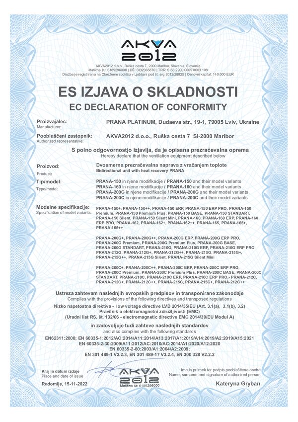 PRANA – Izjava o skladnosti