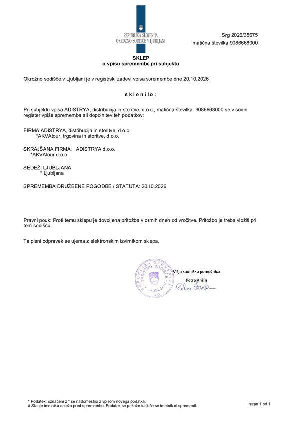 Sklep o vpisu spremembe firme: AKVAtour d.o.o. → ADISTRYA d.o.o. (Srg 2026/35675)