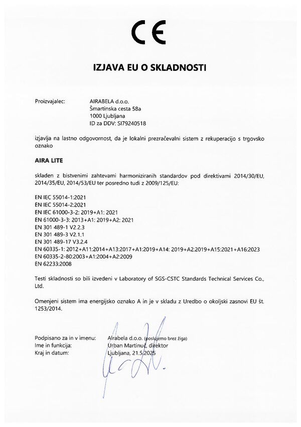 Izjava o skladnosti AIRA LITE